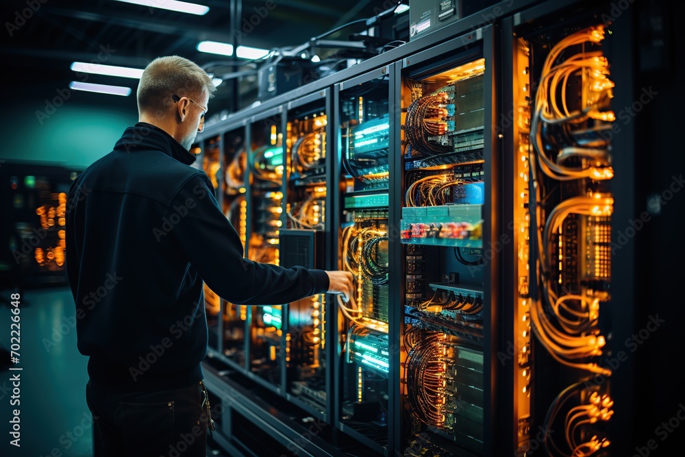 Aufkleber focused network engineer configuring hardware in a server room, surrounded by racks of data equipmen