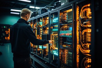 Focused network engineer configuring hardware in a server room, surrounded by racks of data equipment.