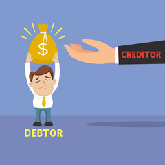 Big hand creditor receive money from a male debtor. illustration vector cartoon.