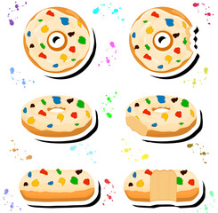 Illustration on theme big set different types sticky donuts, sweet doughnuts various size
