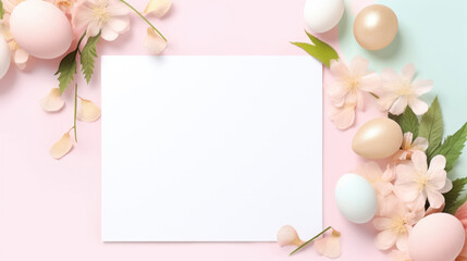 Naklejka na ściany i meble Soft spring ambiance in a pink Easter mockup, complete with eggs, blossoms, and a blank card ready for a festive message.
