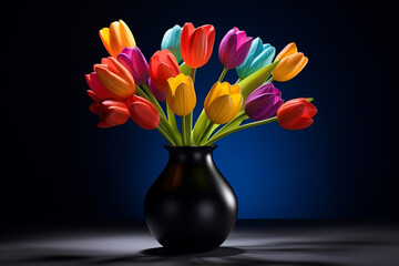 Bouquet of colourful tulips in vase 3d black realistic abstract background