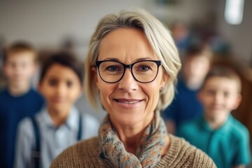 Fototapeta premium A cheerful senior female teacher with glasses standing in a classroom, with young students visible in the background.