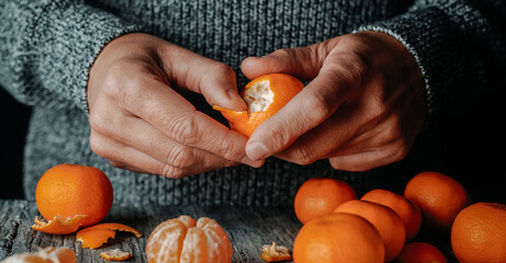 man peeling a tangerine, banner format