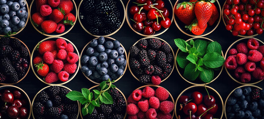Top view of strawberries, raspberries, blueberries, mint in round tubs or ramekins on black...