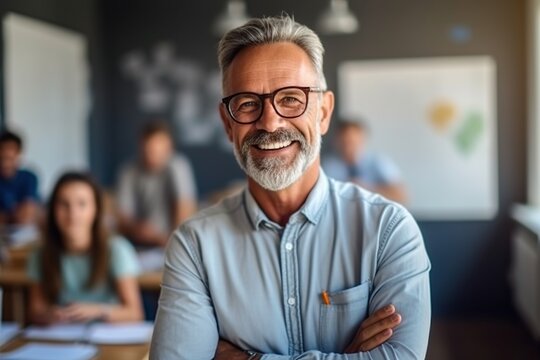 A mature male teacher with a beard and glasses standing confidently in a classroom, with students in the background