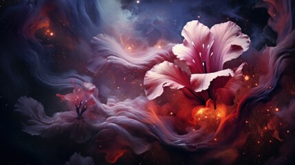 A painting of a flower in the middle of a galaxy