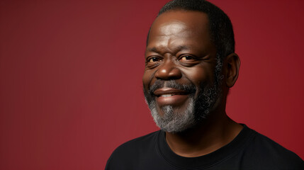 Obraz premium Mature Black man with a graying beard radiating happiness against a red background