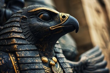 Detailed close-up of a Horus statue with hieroglyphics in the background