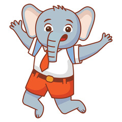Cartoon elephant going to school.A joyful cute elephant jumping cub in a school uniform with bag .Kid kawaii tropical animal go to school.Animalistic childish character.Cute animal student.