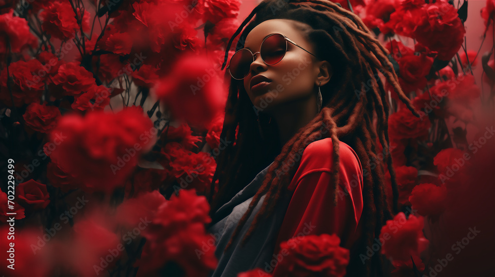 Wall mural young woman with dread locks and rounded sunglasses, surrounded by flowers - Wall murals