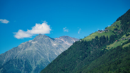 Obraz premium Einzelne Häuser auf Wiesen am Berghang, umgeben von Wald, mit einem massiven Gipfel im Hintergrund