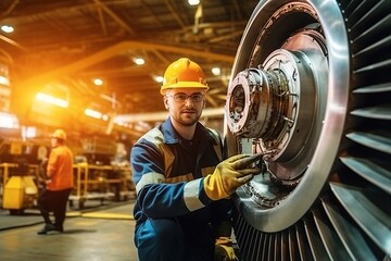 Aircraft maintenance technician inspects and works on airplane engines in the hangar at repair station. ai generative