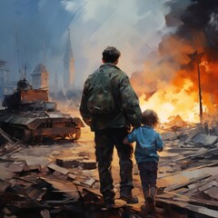 war in ukraine. One military man brings a child in the blanket. Destroyed buildings, fighters and tanks in fire on background - obrazy, fototapety, plakaty