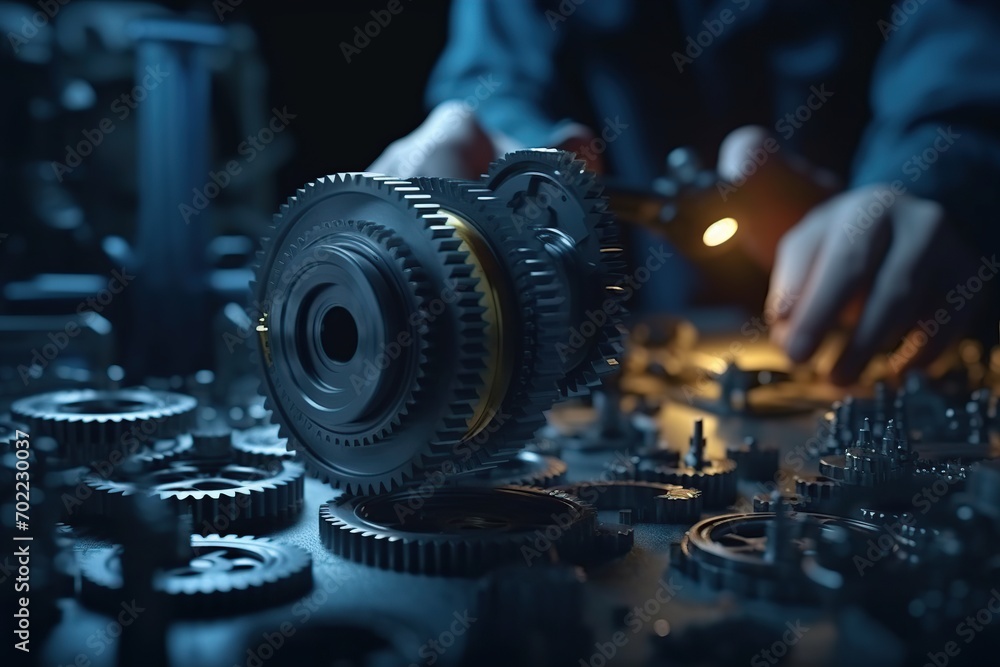 Poster A close-up view of precision-engineered metal gears and parts on a manufacturing workshop table
