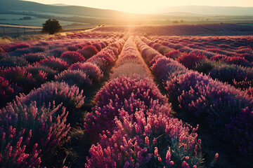 Sunset over lavender fields in Provence, France. ai generated art