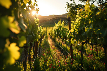 Rows of vineyards at sunset. Rows of vineyards in summer ai generated art