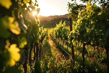 Fotobehang Rows of vineyards at sunset. Rows of vineyards in summer ai generated art © mihail