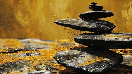 The Art of Stone Balancing. Balancing black rocks on golden background. Stacking. Rocks are piled in balanced stacks
