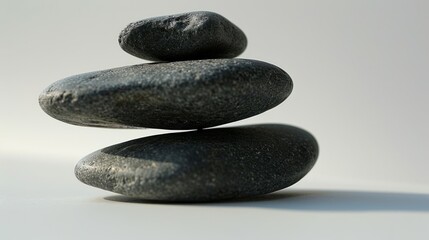 The Art of Stone Balancing. Balancing black rocks on white background. Stacking. Rocks are piled in balanced stacks
