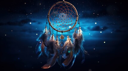 Beautiful dreamcatcher with lights on a blue background - obrazy, fototapety, plakaty