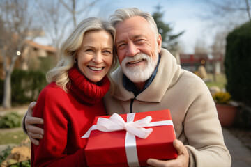 Obraz premium Middle aged couple at outdoors holding a gift