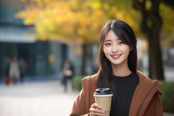 Young pretty Chinese woman at outdoors holding a take away coffee
