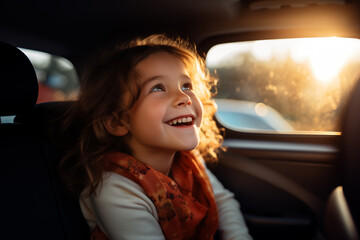 Cute little caucasian girl at outdoors inside a car