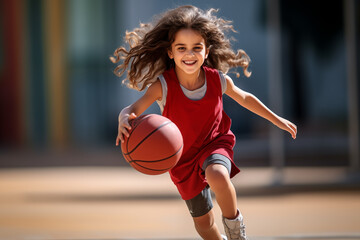 Cute little caucasian girl at outdoors playing basketball