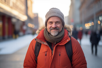 Middle aged man in the middle of the city in winter clothes