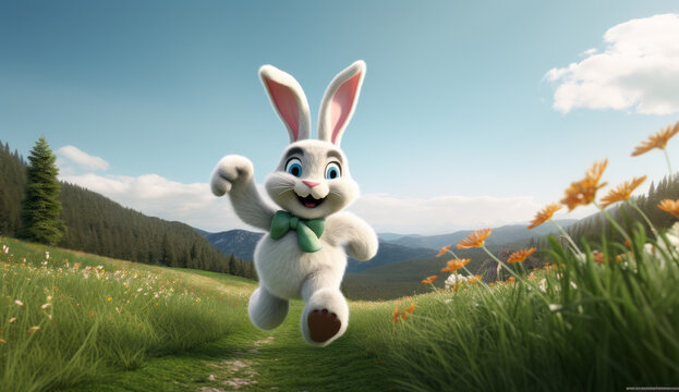 Easter bunny runs through a green meadow. Adorable rabbit on a meadow warming lighting. Cute rabbit in the grass field on a spring day