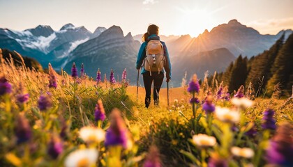 Wonderful hiking spot: Sporty hiker on idyllic trail in the mountains on path lined with flowers. Colorful ai generated photo on a sunny day with view into surrounding mountains