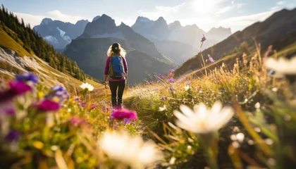 Fototapeten Wonderful hiking spot: Sporty hiker on idyllic trail in the mountains on path lined with flowers. Colorful ai generated photo on a sunny day with view into surrounding mountains © grahof_photo