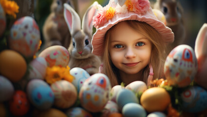Fototapeta na wymiar Little girl in an easter bunny costume bonnet, posing with some eggs. Cute