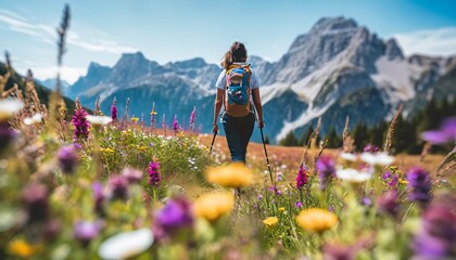Wonderful hiking spot: Sporty hiker on idyllic trail in the mountains on path lined with flowers....