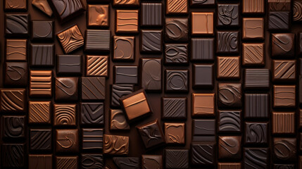 Close-up of an assortment of dark chocolate bars, showcasing a variety of textures and patterns.
