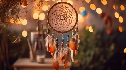 handmade dream catcher hanging from a rope with feathers, threads, and beads
