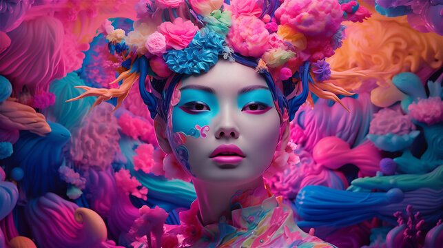 Woman face in an abstract environment with flowers, swirls and colorful elements