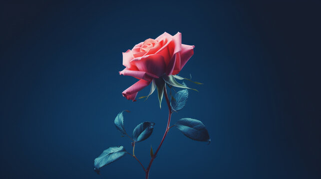 A pink rose on a dark blue background