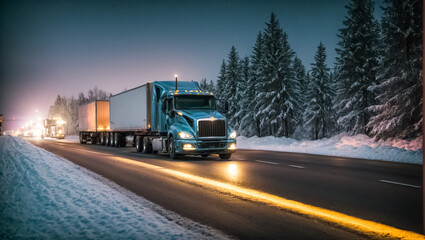 Fototapeta na wymiar Truck driving on snowy road at night logistic