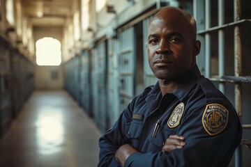 A focused black male prison guard overseeing order and safety within the prison walls - obrazy, fototapety, plakaty