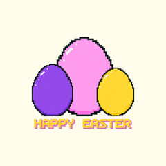 Happy Easter background template with pixel art eggs in an 8-bit retro game style. Vector illustration
