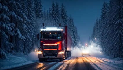 Obraz premium Truck driving on snowy road at night outdoor