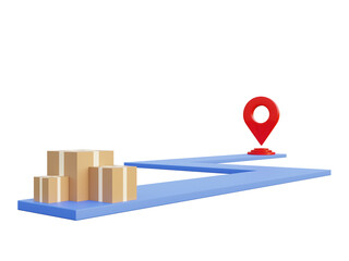 Deliver parcel to specified address. Parcel and GPS pointing to pin location. 3d illustration