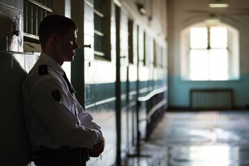 A focused male prison guard in uniform overseeing order and safety within the prison walls.