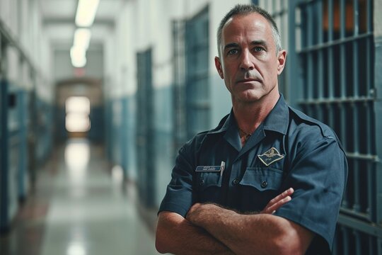 A focused male prison guard in uniform overseeing order and safety within the prison walls.