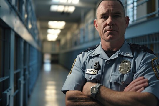 A committed white male correctional officer ensuring security within the confines of a prison facility.