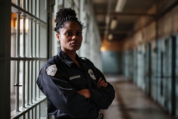 A dedicated black female correctional officer ensuring security within the confines of a prison facility