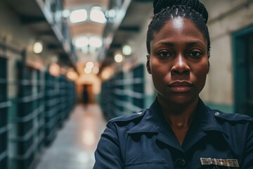 A dedicated black female correctional officer ensuring security within the confines of a prison facility