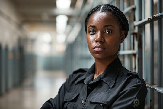 A dedicated black female correctional officer ensuring security within the confines of a prison facility